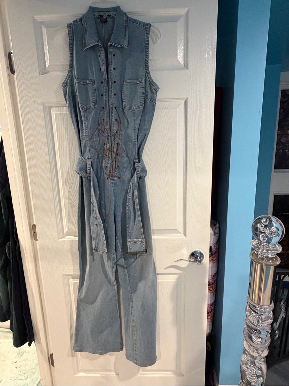 Sleeveless Light Blue Denim Jumpsuit with Embroidered Detail